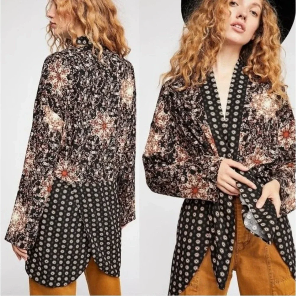 Free People‎ Womens XS Mixed Floral Geometric Kimono Cardigan Black Brown Boho